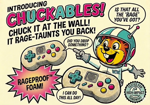 CHUCKABLES foam retro-style game controllers with speaker grille and astronaut squirrel mascot.